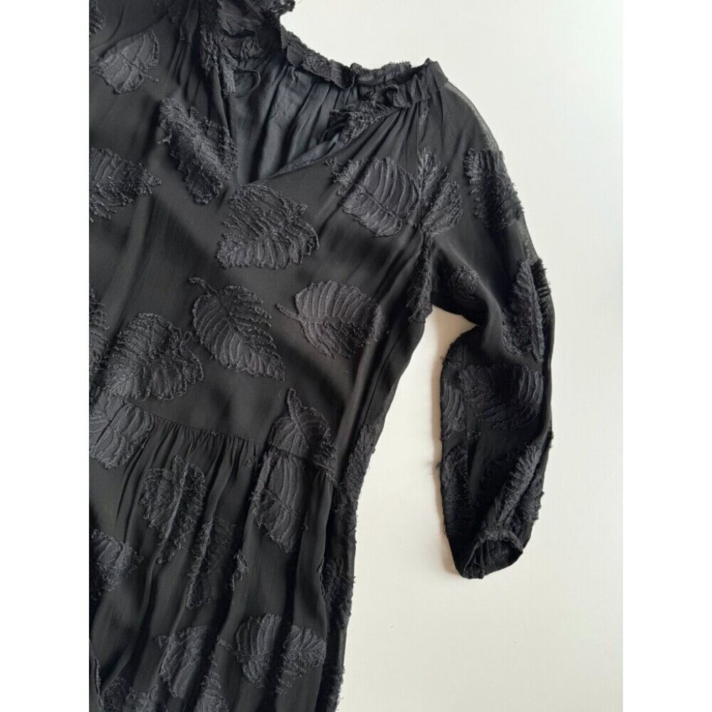 Aritzia WILFRED Dufour Black Sheer Leaf Jacquard Midi Peasant Dress, Size S - Picture 7 of 16